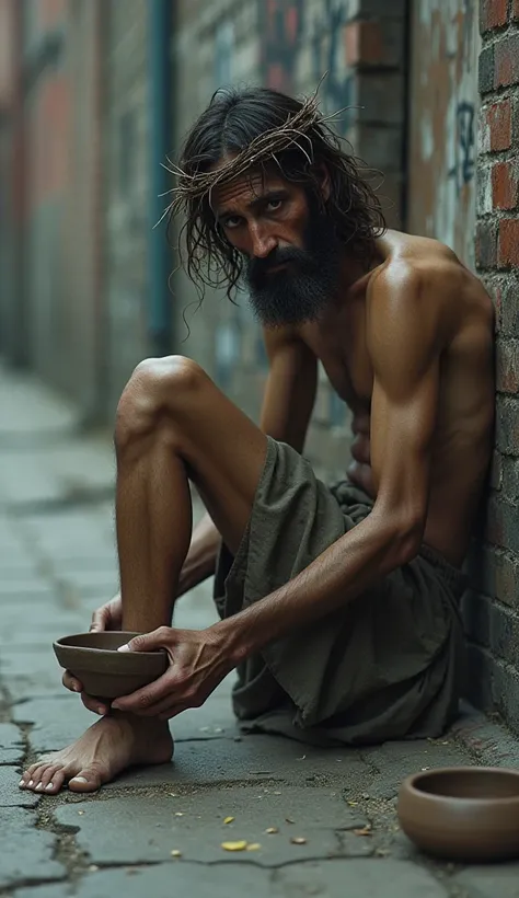 Jesus sits on a cracked urban sidewalk, his frail body leaning slightly forward. Sparse strands of hair frame his pale, hollow-cheeked face, while the crown of thorns presses heavily against his brow. He is shirtless, emphasizing his vulnerability and suff...