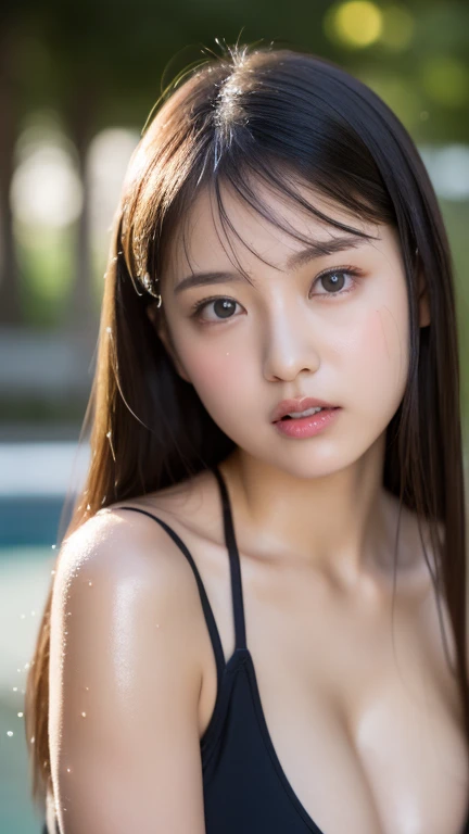 （8k、 Live Action、 RAW photos 、 top quality 、  Masterpiece  ：1.2),( front lighting :1.2),((  perfect lighting ))、Poolside at dawn 、((Black swimsuit))、((sensual pose:1.6))、((She opens her masochist :1.4))、((She is a sex slave:1.4))、( erotic:1.4)、((She is a s...