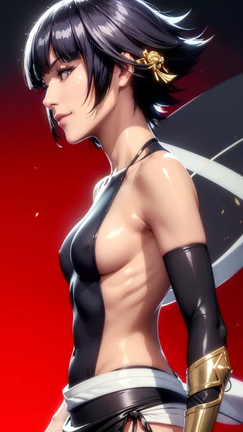 (（（Perfect body,White and tender skin,（（（japanese clothes, sideboob，Black top, Gold belt, black sleeves, black Japanese pants ）））,（（（sui-feng, short hair, short hair with long locks，Black hair））），((masterpiece)),high resolution, ((Best quality at best)),ma...