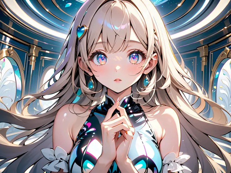 solo girl, medium shot, (heart-shaped pupils), mirrored room, shiny skin, big eyes, beautiful fingers, (masterpiece, ultra detailed, top quality), anime.