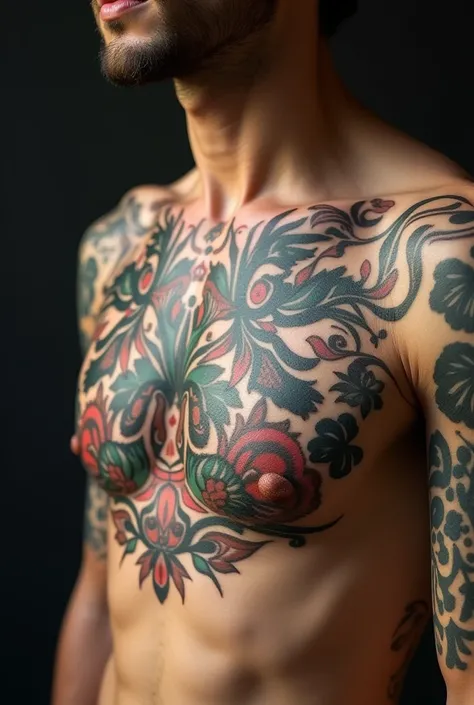  A tattoo on the chest that represents art, The books, music and nature  