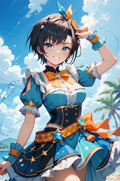 masterpiece, best quality, ultra detailed. 1girl, solo. {{{oozora subaru}},hololive, black hair, short hair, turime,blue eye,{{stage costume}},{{idol costume}}