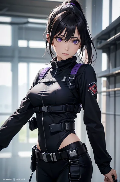 8k resolution,(( top quality )), super high res,Adult female, Alone,  sexy, ( with a bleak expression), ( purple eyes),  beautiful symmetrical face , (Black long ponytail),Black combat vest,assassins catsuit, suit pants, realistic :1.4, realistic :1.4,(  M...