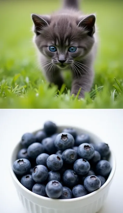 At the top of the frame, a tiny kitten with dark gray fur walks toward the camera on a grassy field. Below, separated by a clean horizontal divider, a cluster of fresh, shiny blueberries rests in a white ceramic bowl.