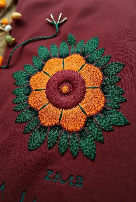 Handmade clothing label: a flower made of hexagons in burgundy, ochre and green with the name of Aranzazu Acin and next to it a needle with thread 