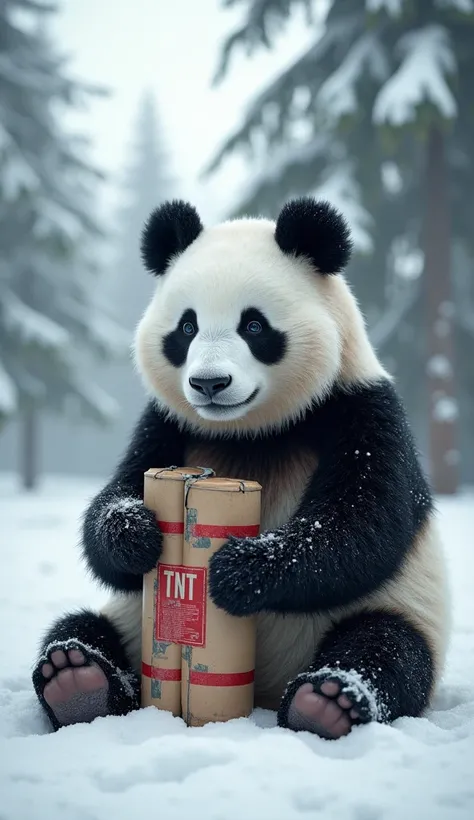 A panda in a snow was sit down like a human, a tnt dynamite stick bomb in his hand. 