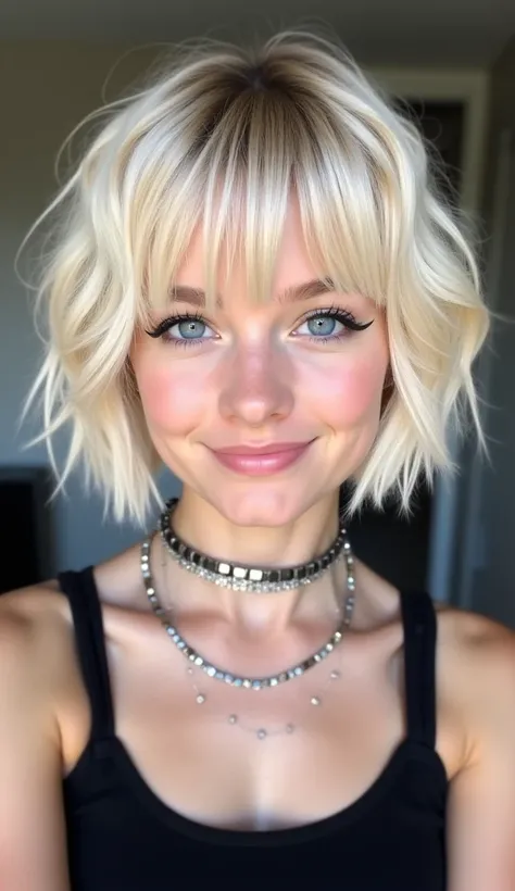 Young blonde woman 18 years old ,  blue eyes ,  platinum with short hair  ,  perfect hairstyle Lasio type bob with fringe, detailed hairstyle ,  sky blue , black mascara around her eyes  ,  and a platinum choker necklace ,  black tank top.