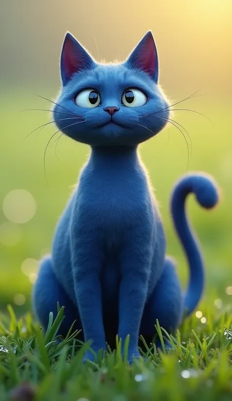 "A fusion of a cat and a blueberry: the cat’s entire body is transformed into the smooth, shiny texture of a deep blue blueberry. Its head retains its feline features but blends naturally with the blueberrys color. The tail is thin, resembling a blueberry ...