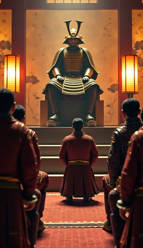 A grand, dramatic scene inside Oda Nobunaga’s court. Yasuke kneels before the powerful daimyō, who sits on an elevated platform surrounded by his retainers. Nobunaga, clad in ornate samurai armor with intricate gold detailing, leans forward, intrigued by Y...