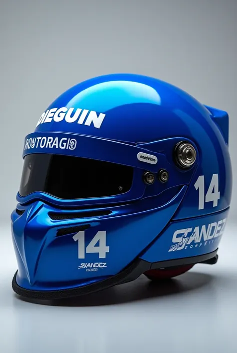 Rally drivers helmet in blue color  ,  With the number 14 the name Dieguin and the advertising of SANDEZ COMPETITION