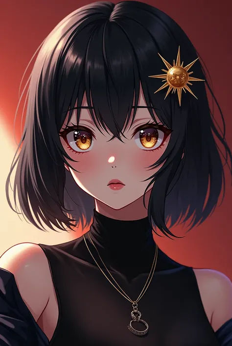  anime style character NANA , femenino,  dark brown eyes ,  big,  short dark black hair layered,  small lips ,  sun hair accessory ,  white skin color, rock clothing style , negro