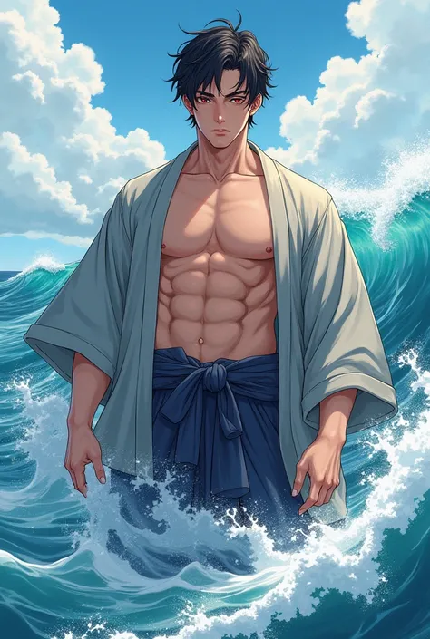 Japanese style super handsome, Wearing a kimono, The area below the waist is hidden by the waves., Sea, Above waist, A muscular chest with a few visible nipples , My body is wet from the waves　Anatomically correct, realism, Shortcuts, Blushing, 