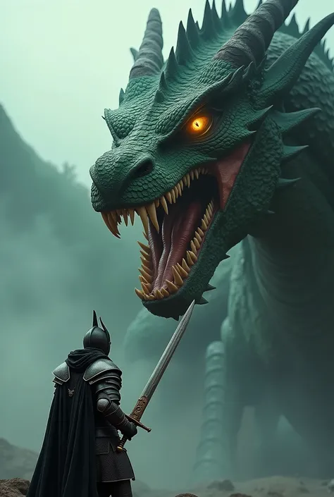 A huge dragon takes up half the frame, its face filled with great detail and intensity. Fierce golden eyes, burning with rage, sharp fangs can be seen as it roars and its scales are a mixture of deep emerald green Black, armored knight holding sword agains...