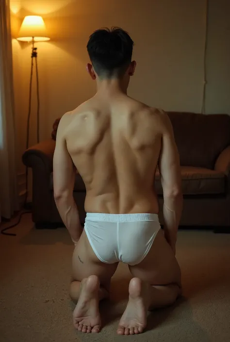 40 year old shirtless bulky Korean man with a clean haircut, kneeling in in a brown carpet floor, soaked from sweat wearing only translucent type white cotton boxer shorts. The backdrop is dim worn-out apartment illuminated by a yellow light. Its a whole b...