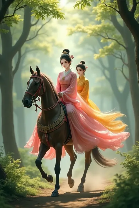  A Chinese woman wearing a beautiful pink hanfu is riding a horse in a forest. He and his lady servant wearing yellow hanfu are sitting behind him . 