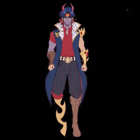   a cartoon of a man with a horned head and a red shirt, Anime Character Design, Play the song , concepto de cuerpo completo,  6 billion demons in the style , Gurren Lagann, style of Gurren Lagann  (2007), male djinn demon, hero 2 d fanart artsation,  new ...