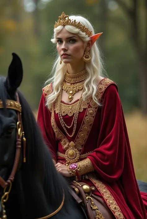 Influencer Elfa , linda, king,  white skin , Young,  filled with gold and ruby necklaces and bracelets ,  seated on a very sturdy and beautiful black horse, Young vestida de cinza.   photorealistic , 8k