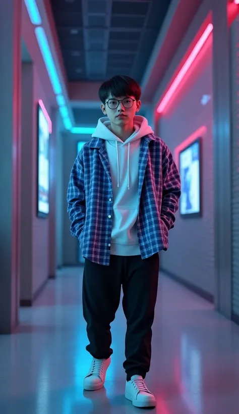 Cinematic shots of futuristic lobby with . A handsome boy s a of Chinese origin with short dark hair and good looks wearing an oversize blue Checkered shirt open with white Hoodie long Sleeve, black trousers jogger, sneakers, eyewears. bright-looking . Sle...