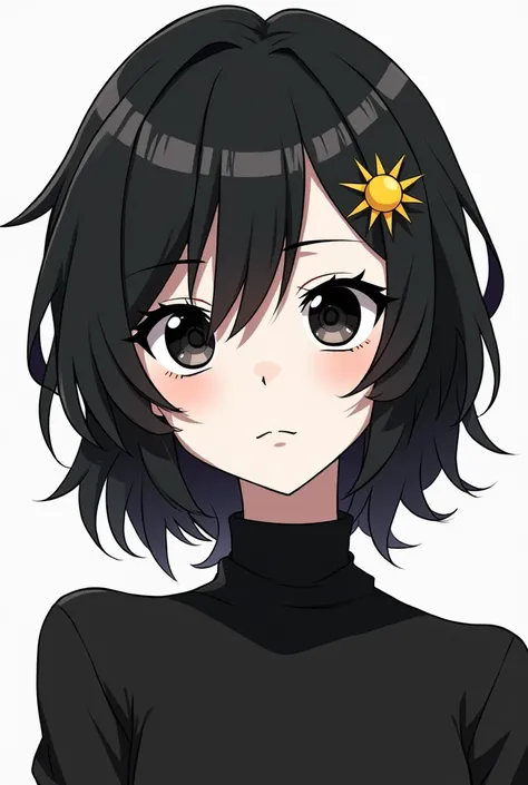  anime style character NANA ,  Female character, big dark black eyes ,  short dark black hair in layers ,  small lips ,  sun hair accessory ,  white skin color, Sun accessories on the ears , rock clothing style ,  black and make it an anime character drawn...