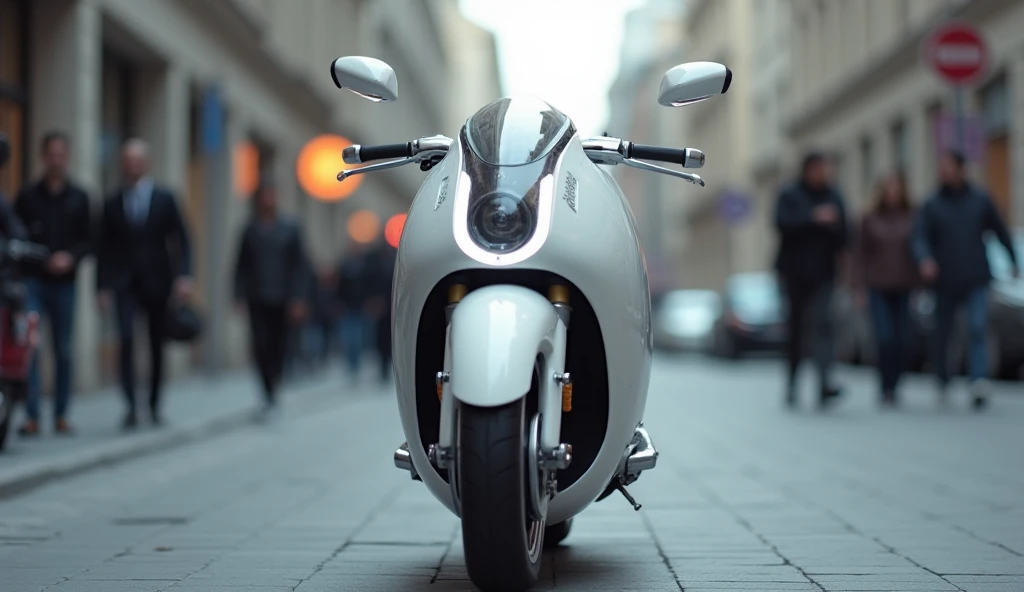 The image shows a futuristic motorcycle parked on a city street. The motorcycle is white in color and has a sleek and modern design. It has a large headlight on the front and a small seat on the back. Centred front picture close view the handlebars are cur...