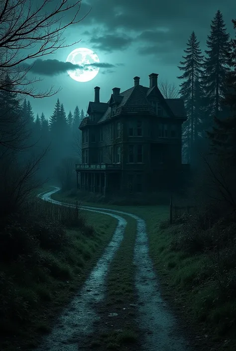 "A spooky, remote village at night, with a dense forest surrounding it. In the distance, an old, decaying mansion covered in ivy and with broken windows. The moon is partially hidden behind dark clouds, casting a dim light over the scene. The atmosphere is...