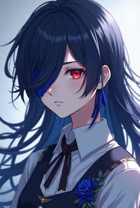  is a quiet anime young man with dark red eyes with long indigo hair and wearing a indigo ribbon that covers his right eye  .I want to wear all the imaginary Nilotic clothes, including a school dress. 