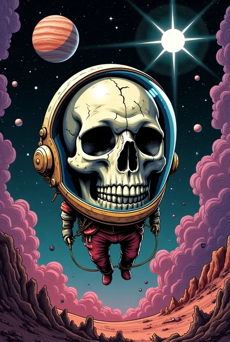 Suspended weightlessly in the cold void of space, a grinning skull encased in a battered, retro-futuristic space suit floats amidst a chaotic, darkly stylized cosmos. The scene is rendered in thick, inky lines and stark contrasts, with shadows pooling heav...