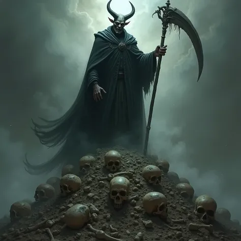 The Devil standing atop a hill of skeletons, wielding a dark scythe. Shadows and smoke rise around him as he prepares to attack