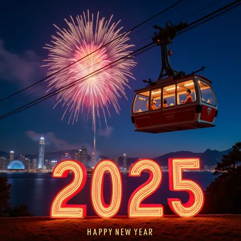 Happy new year blessing, colorful firework on dark blue sky, night time, 1 disney “goofy”, face to picture front, spot lighting to disney “goofy”, the sparkling classic cable car of hong kong ocean park on the right, “2025” word in red yellow in “bailey” f...