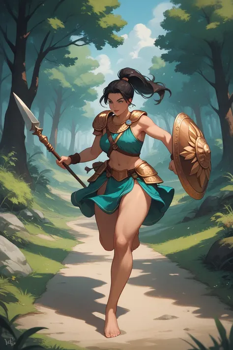 A woman in an Amazon costume, European Mediterranean features, a spear in her right hand, a shield in her left hand, Greek Hoplite armor, dark hair tied in a ponytail, barefoot, running through the forest