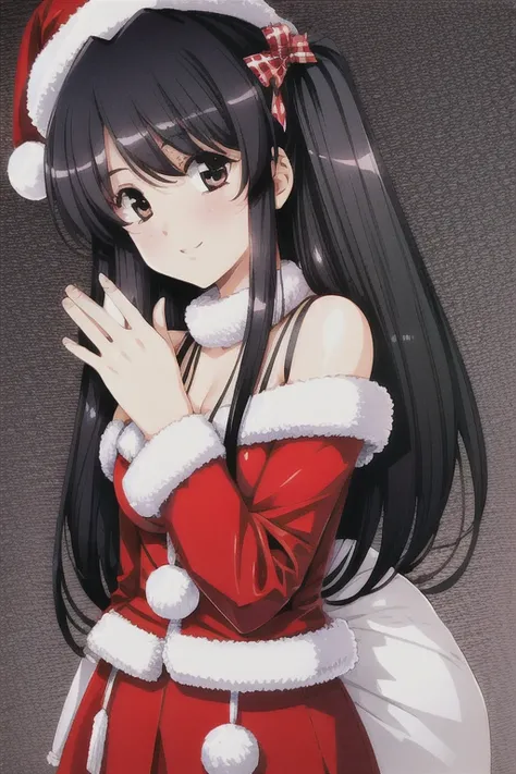  1 girl,  black hair, long hair ,Mouse-colored suit 、 wears a Santa hat 、 simple background 、smile、 holds a campe in his hand