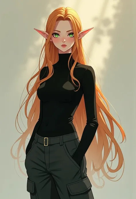 anime Male elfs but he a little bit look like a girl and have a long orange hair and green eyes and wear a black turtle neck shirt and black cargo pants and he so beautiful