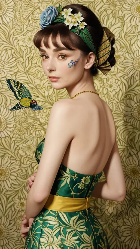 Kehinde Wiley, Sherald, Beardsley, Rousseau, Ukrainian folk art, Rivera, Kusama, William Morris: striped and polka-dotted birds and flowers mixed with ((Masterpiece)), Create a stunning picture, ((Beautiful lady Audrey Hepburn)), High resolution, Intricate...