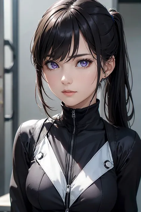 8k resolution,(( top quality )), super high res,Adult female, Alone,  sexy, ( with a bleak expression), ( purple eyes),  beautiful symmetrical face , (Black long ponytail),Black combat vest,assassins catsuit, suit pants, realistic :1.4, realistic :1.4,(  M...