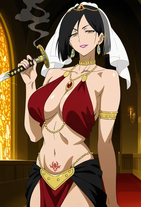 score_9, score_8_up, score_7_up, source_anime, aria sanka, medium hair, large breasts, black hair, mole, mole under eye, makeup,, jewelry, earrings, necklace , ear piercing, long hair,  lipstick,Hot girl, baddie, smoking, sensual, attractive ,castle,inside...