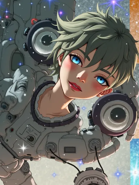 (Close-up of a better masterpiece:1.5)0.9], (Space and astronauts:1.2) (Messy silver hair:1.1) (Heterochromia xanthochromia and blue eyes:1.2) (Space Helmet:1.0) (Colored stars in the eyes:1.0) (A radiant glow:1.1) (thick lips:0.9)