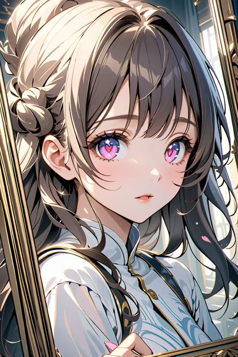 solo girl, (heart-shaped pupils:1.3), mirrored labyrinth, her reflection in the mirror, shiny skin, (masterpiece, ultra detailed, top quality), anime.