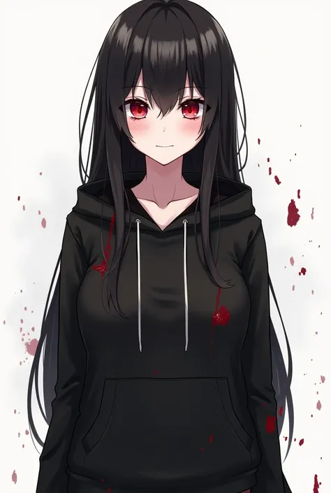   girl with long black hair and red eyes.  Blood splatters on her white skin . Im wearing an overfit black hoodie . Sociopath. She has small breasts but she is in good shape .  Her arms are thin but they have muscles and abs .  Please draw it as a webtoon ...