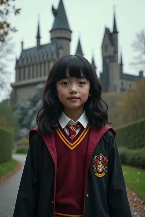  Create the image of an eleven-year-old girl in Gryffindors uniform with long hair,  slightly wavy black , with bangs, and black eyes ,  in the background Hogwarts Castle 