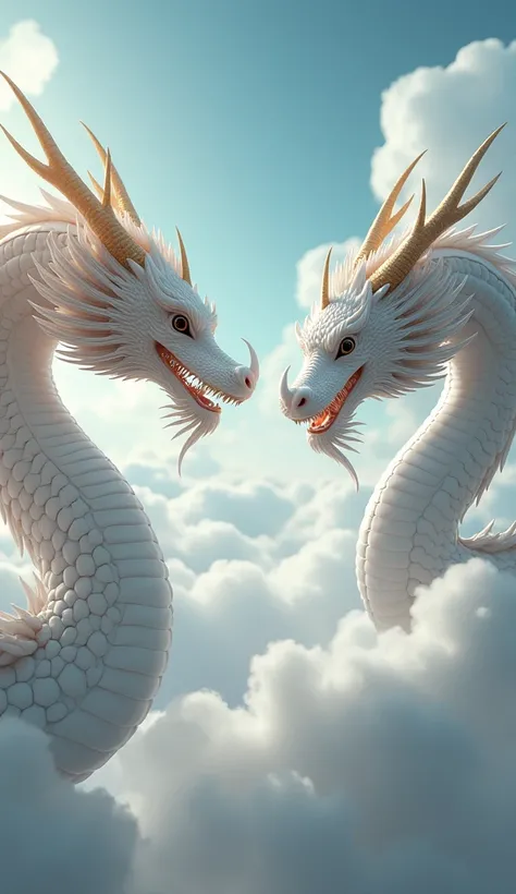 ((masterpiece,  Highest quality ,  highest image quality  ,  high-resolution , Realistic,  original photo,  extremely detailed unified CG 8K wallpaper)), On the sky， a Chinese dragon and a white snake face to face，close up，The white snake has no horns on i...