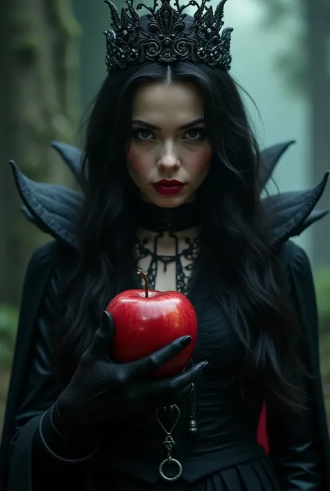 Girl,Black long hair，Black Queen，accessories，Apple in hand，Poison apples，Witch Queen，Red lipstick