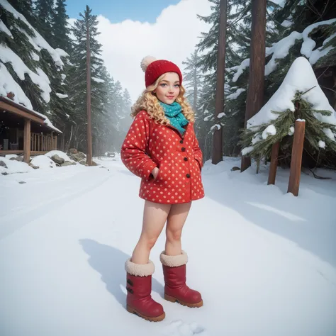 A full-body image of a young woman standing in a snowy outdoor setting. She is dressed in a vibrant red pajama-style outfit adorned with small white polka dots, standing out against the bright white snow. Her long, wavy blonde hair cascades over her should...