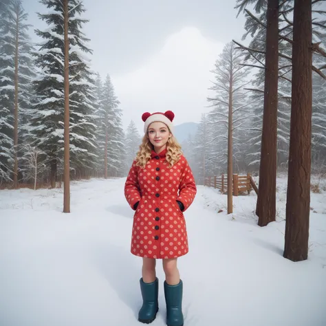 A full-body image of a young woman standing in a snowy outdoor setting. She is dressed in a vibrant red pajama-style outfit adorned with small white polka dots, standing out against the bright white snow. Her long, wavy blonde hair cascades over her should...