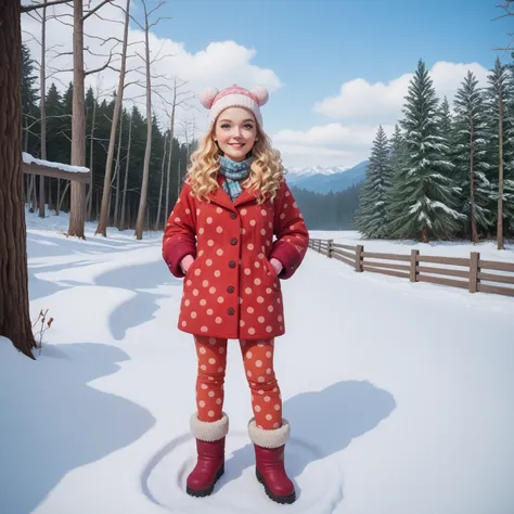 A full-body image of a young woman standing in a snowy outdoor setting. She is dressed in a vibrant red pajama-style outfit adorned with small white polka dots, standing out against the bright white snow. Her long, wavy blonde hair cascades over her should...