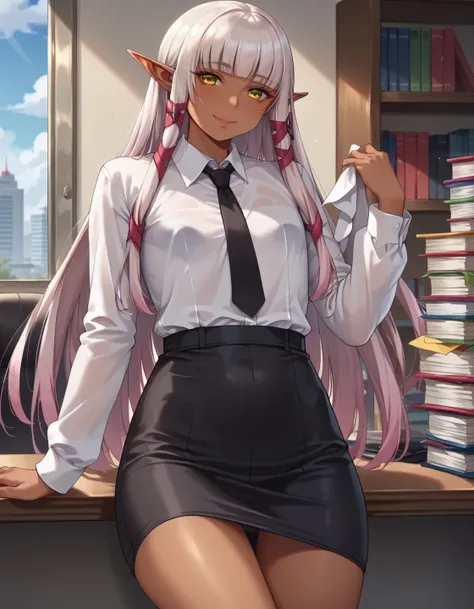 score_9, score_8_up, score_8, 1 girl, solo, elf, evelyn celebrian, dark skin, yellow eyes, Flat chest，child，loli,  looking at viewer, long straight hair, horny smile, office clothes