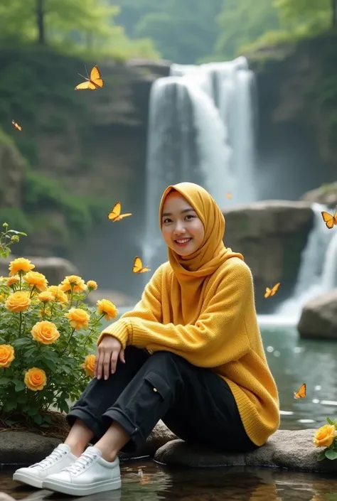 beautiful Korean girl, smooth white skin, well-groomed face, gold yellow hijab, butterfly morif, gold yellow knitted hoodie, white shoes, black cargo pants, sitting on the edge of a small rocky river, among blooming yellow roses, butterflies flying, behind...