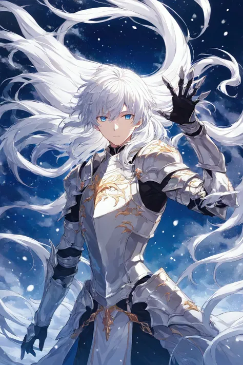 Illustration, top quality, pixiv illustration, very detailed animation, ((alone), (male), white hair, blue eyes, long hair, silver armor, blizzard-waving background, silent kingdom background, fantastic lighting, article