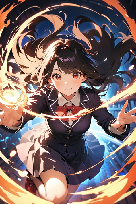 1 girl, (cute face), young heroine, (long spiky hair), (confident smile), (medium breasts), slim, (wearing a stylish school uniform with magical accents), knee-length, (glowing symbols),  
BREAK  
Mystical academy courtyard, floating orbs of light, (castin...