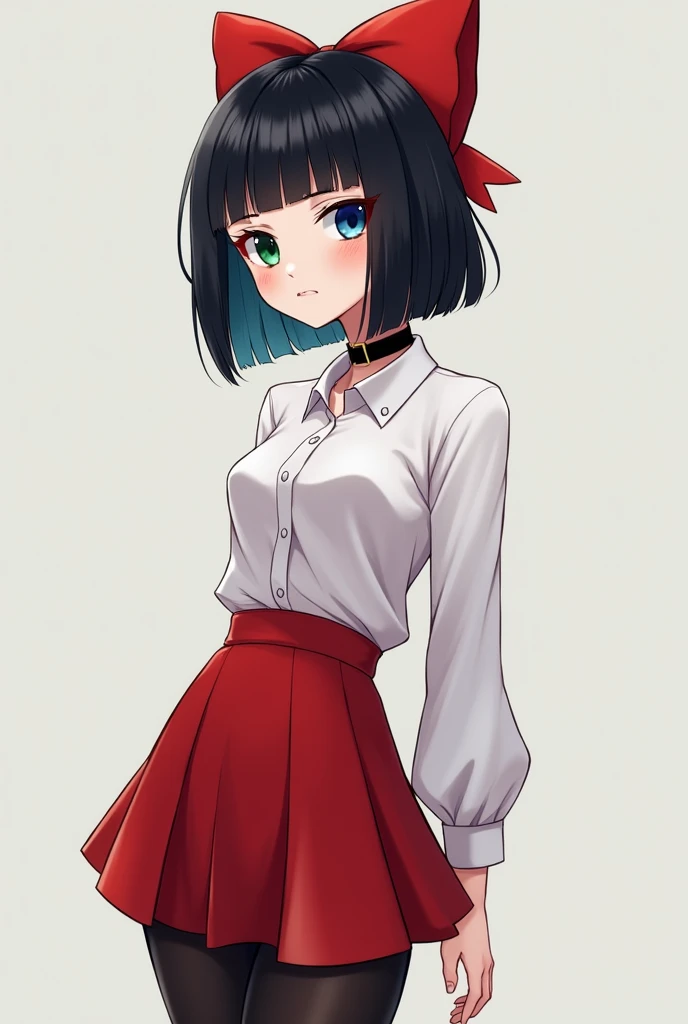 A young woman with black hair type asymmetric bob,that is white skinned, who has heterochromia of one green eye and the other blue, with a big red bow on her head , wearing a black choker necklace , elegant white shirt fitted to her body , short red skirt ...