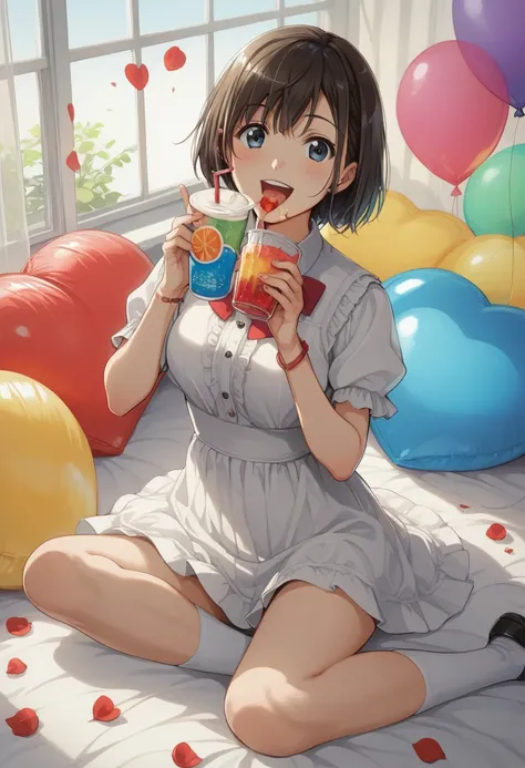 Calaf girl in a white dress sitting on a bed of balloons, Chiho,  happy !!!, Teshirogi Shiori , Yuki Morita,  Kakinouchi Narumi  , Ayami Kojima Amano, Yoshitomo Nara,  Eat and Drink ,  Deayami Kojima,  cute:2, Sayori